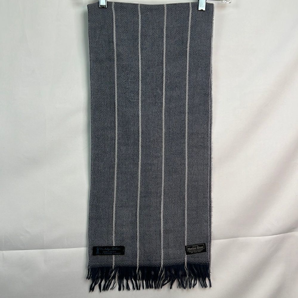 Vintage Strawbridge & Clothier Steel Blue Herringbone Merino Wool Scarf